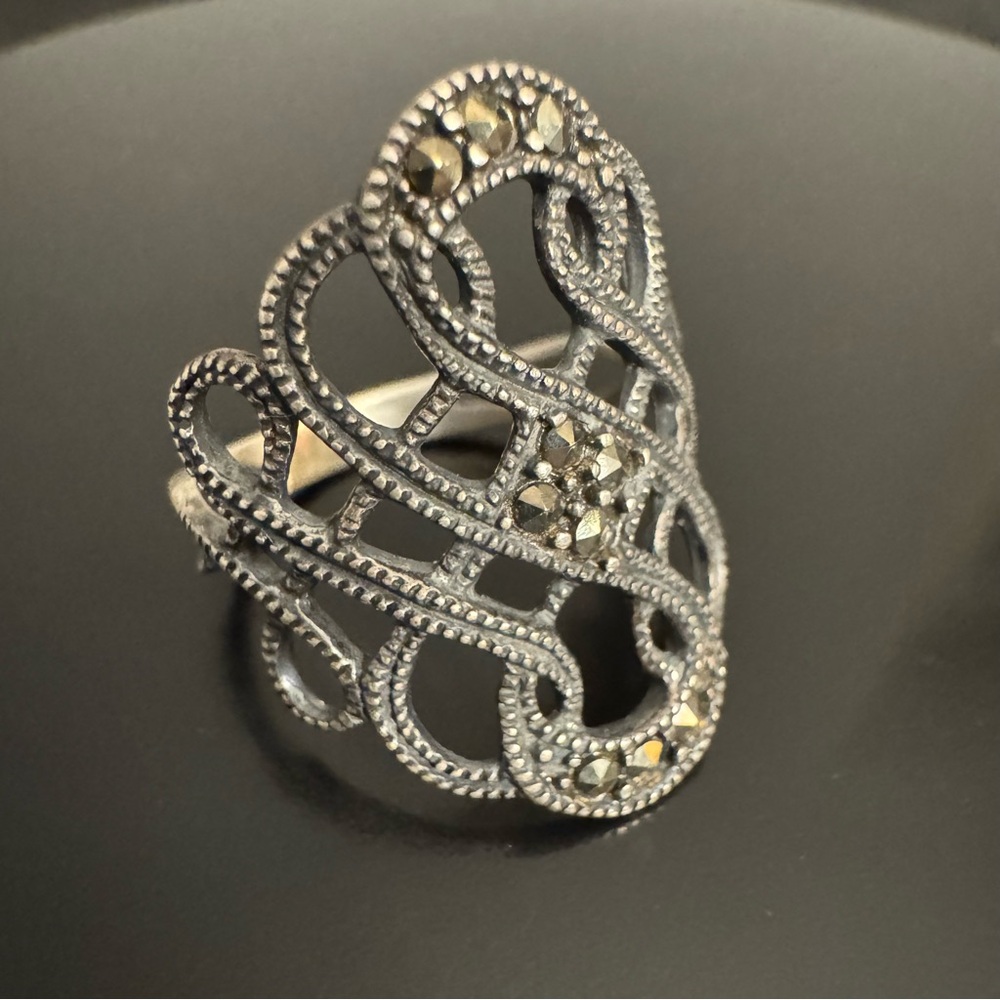 Sterling Silver Marcasite Openwork Filigree Ring - Size 5.75